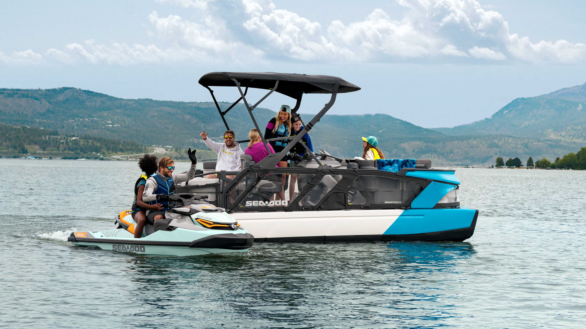 Group of friends on a SWITCH and Sea-Doo WAKE PRO