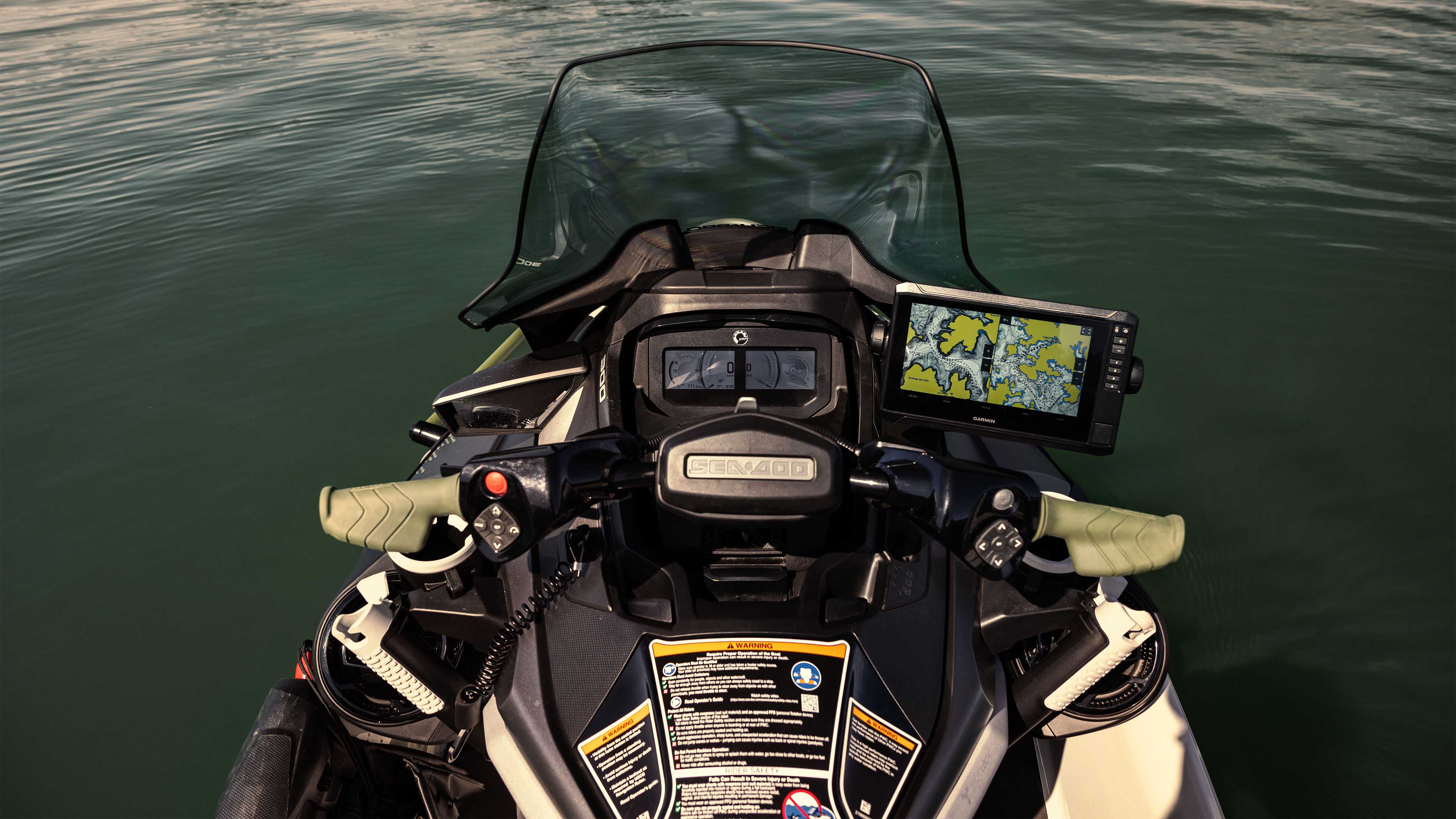 A Garmin navigation tool installed on the 2025 Sea-Doo FishPro Apex personal watercraft