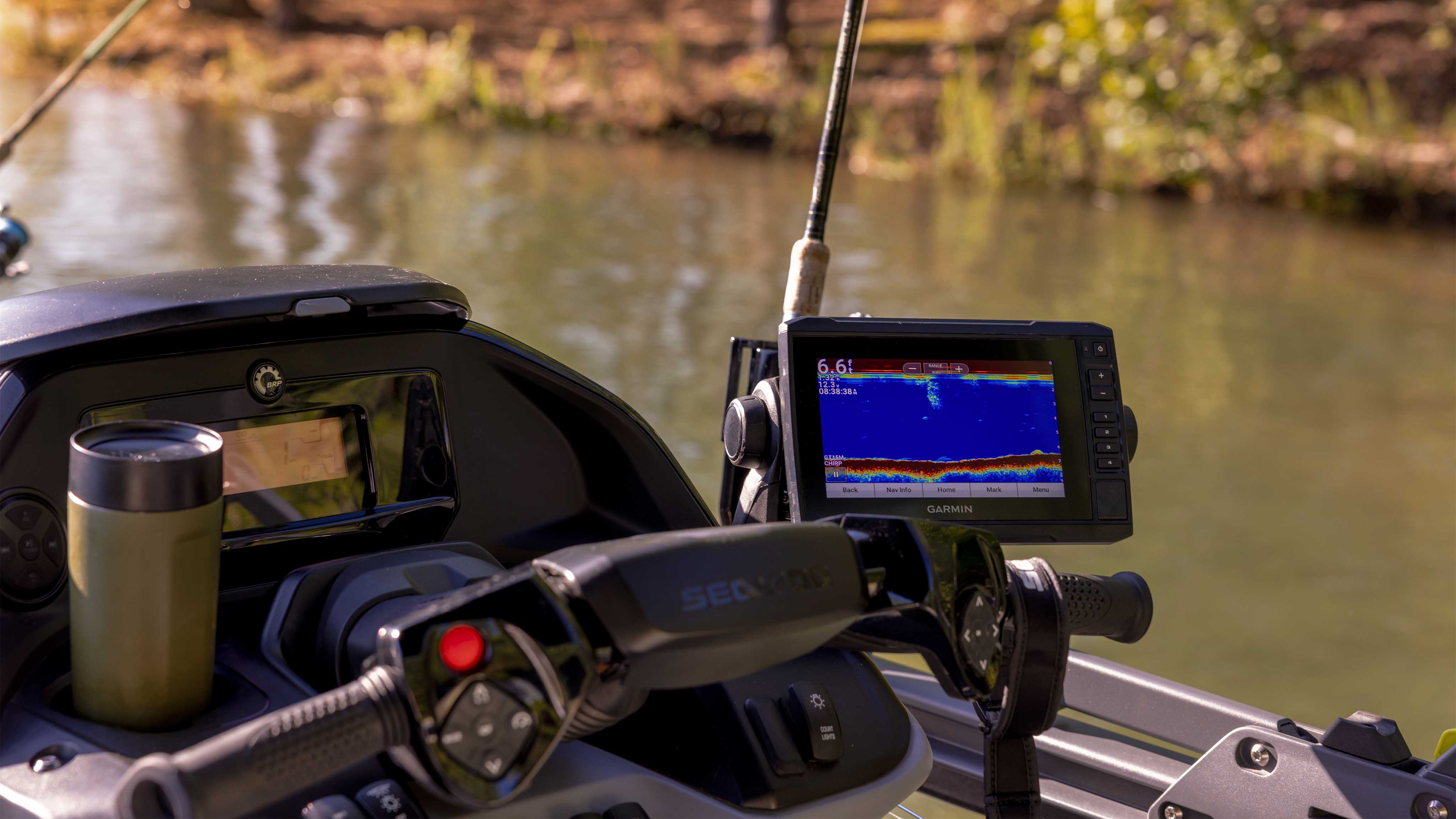 Dual Garmin Fish Finder installed on the 2025 Sea-Doo Switch Fish pontoon boat