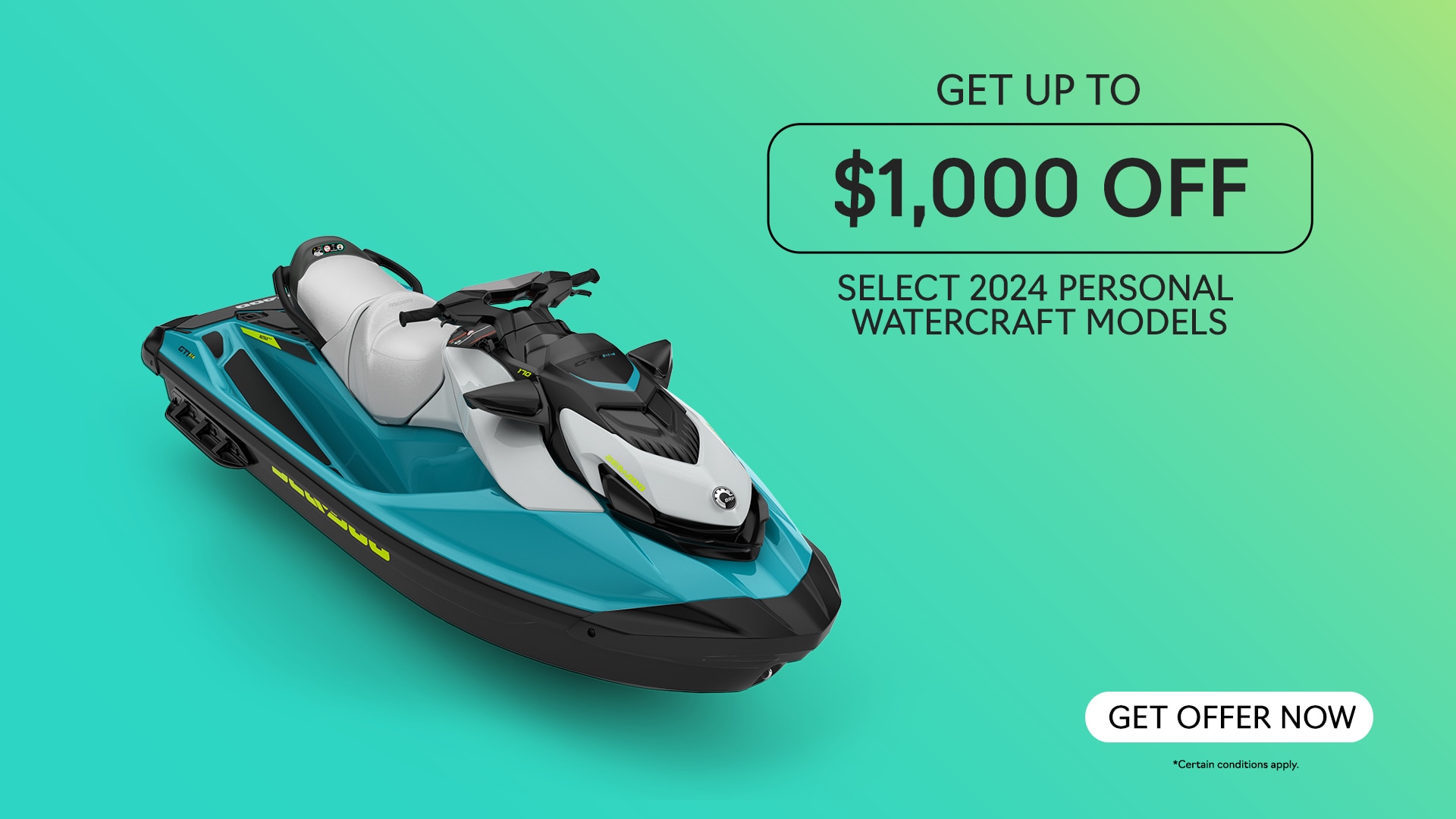 A Sea-Doo pontoon and personal watercraft promotional image