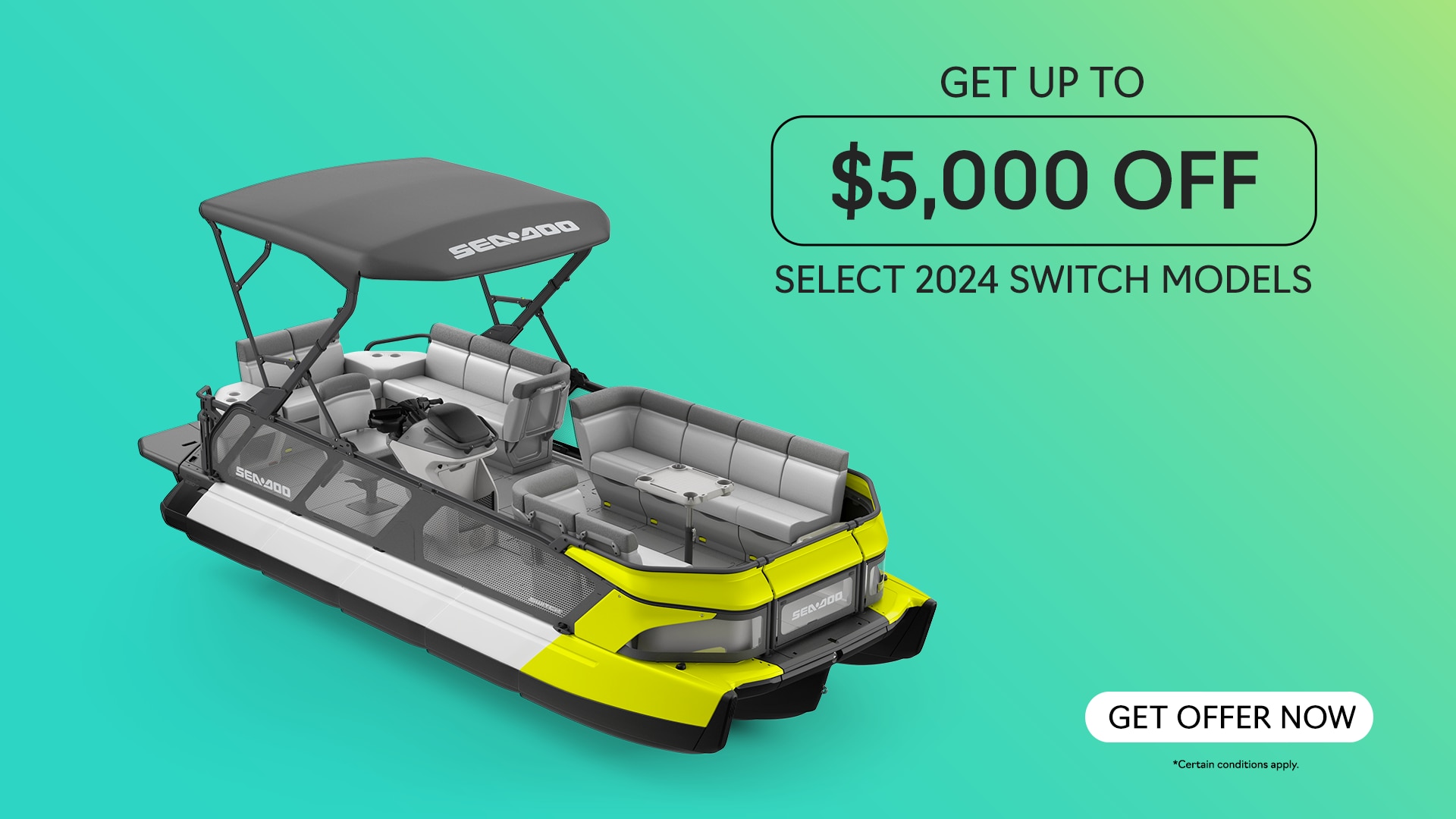A Sea-Doo Switch pontoon boat promotional image