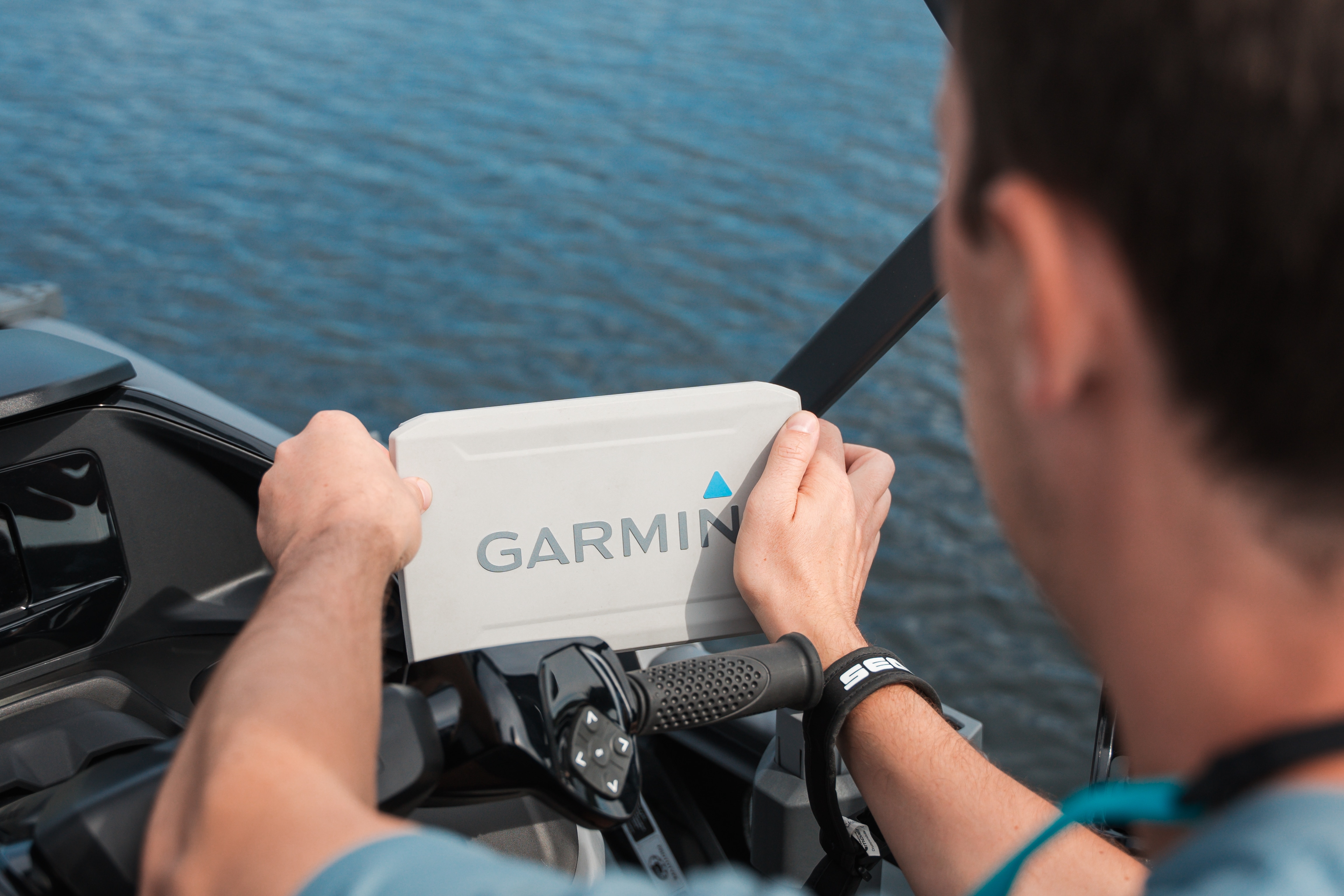 Close-up of Garmin display on Sea-Doo pontoon boats