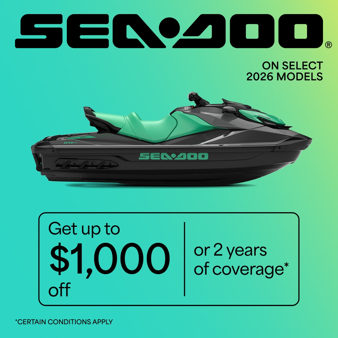 Get up to $1000 off or 2 years of coverage on select 2026 personal watercraft models