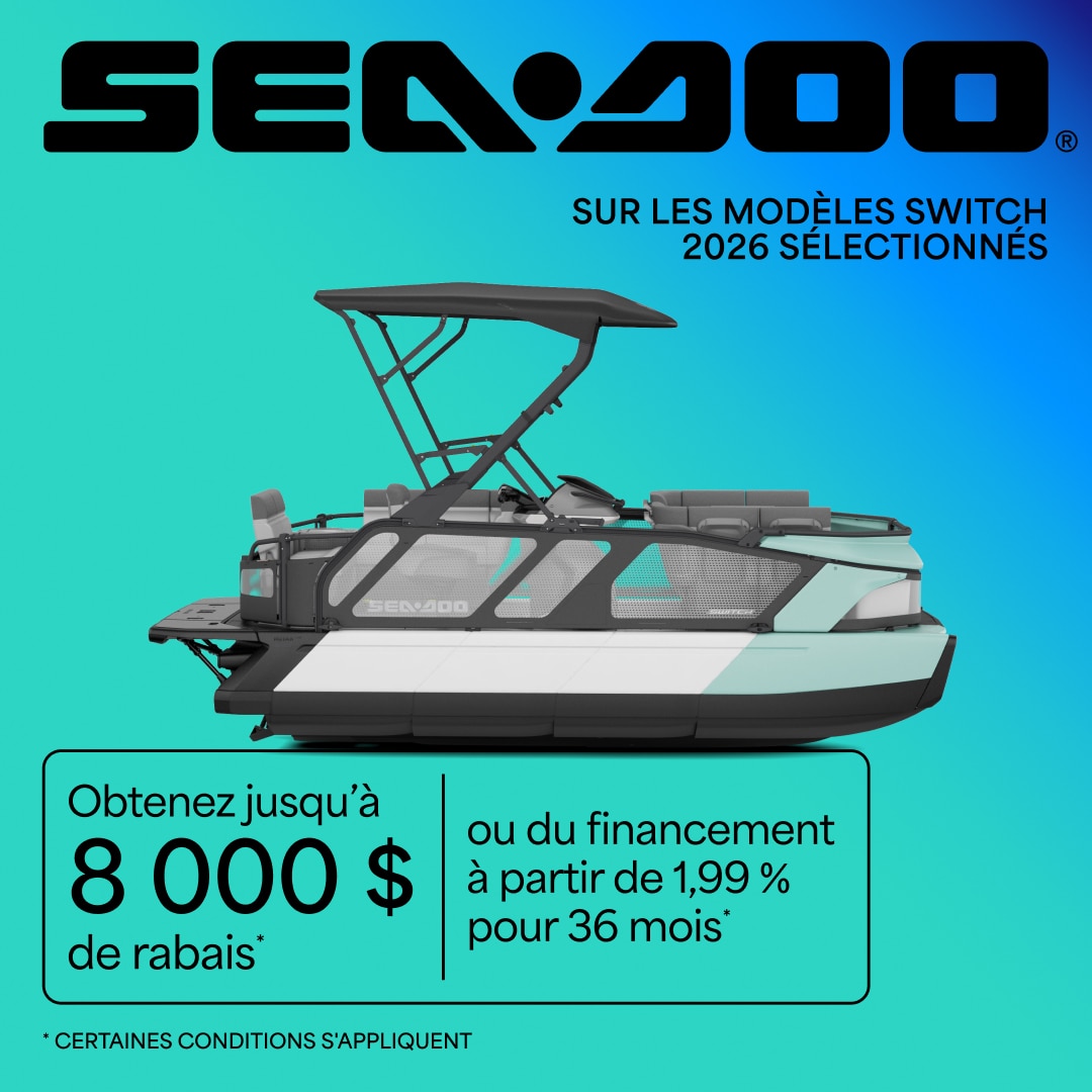 Obtenez jusqu'à 8000$ de rabais ou du financement à partir de 1,99% pour 36 mois sur des modèles de pontons Sea-Doo sélectionnés