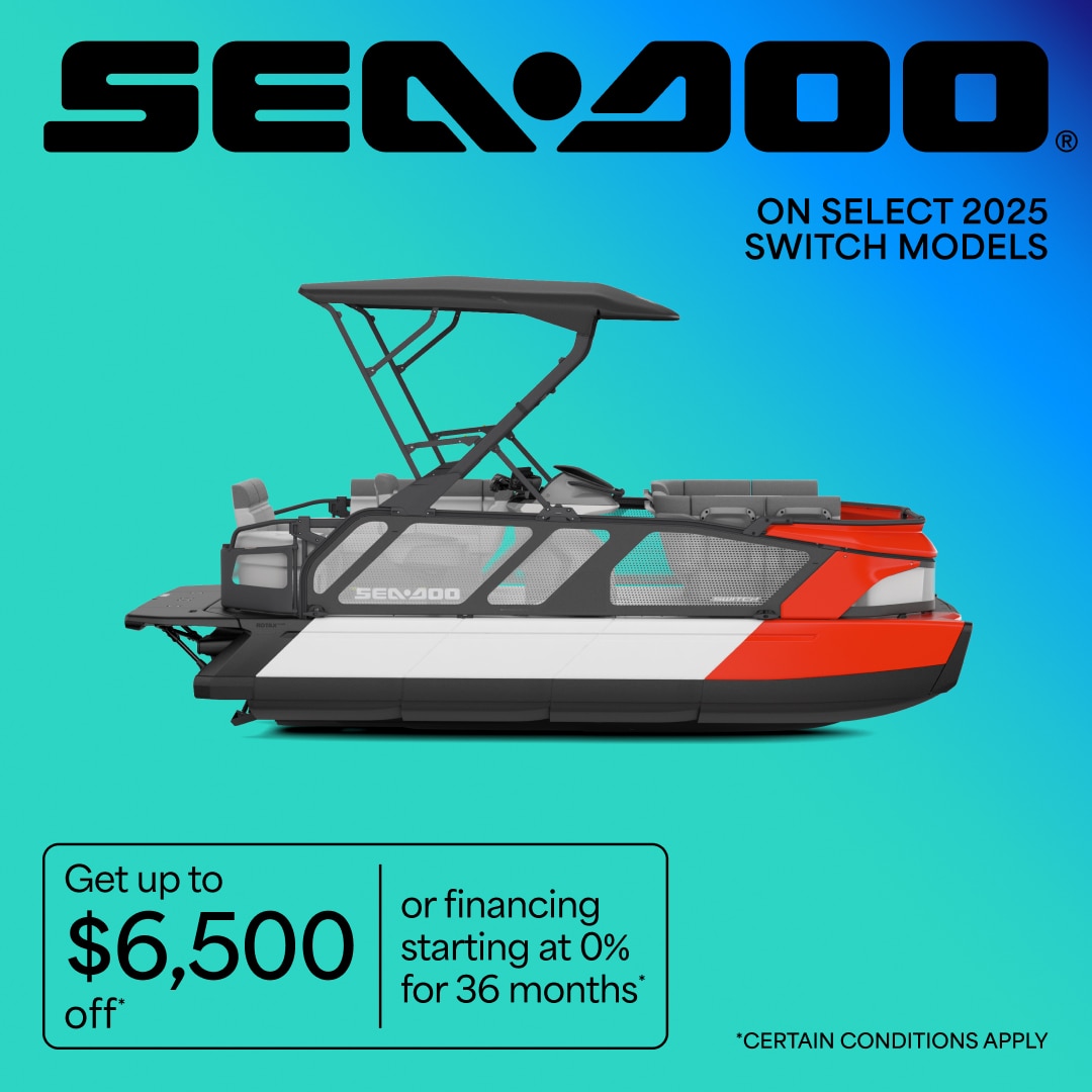 Get up to $6500 off or financing starting at 0% for 36 months on select 2025 Sea-Doo pontoons