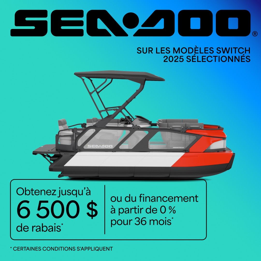Obtenez jusqu'à 6500$ de rabais ou du financement à partir de 0% pour 36 mois sur des modèles de pontons Sea-Doo sélectionnés