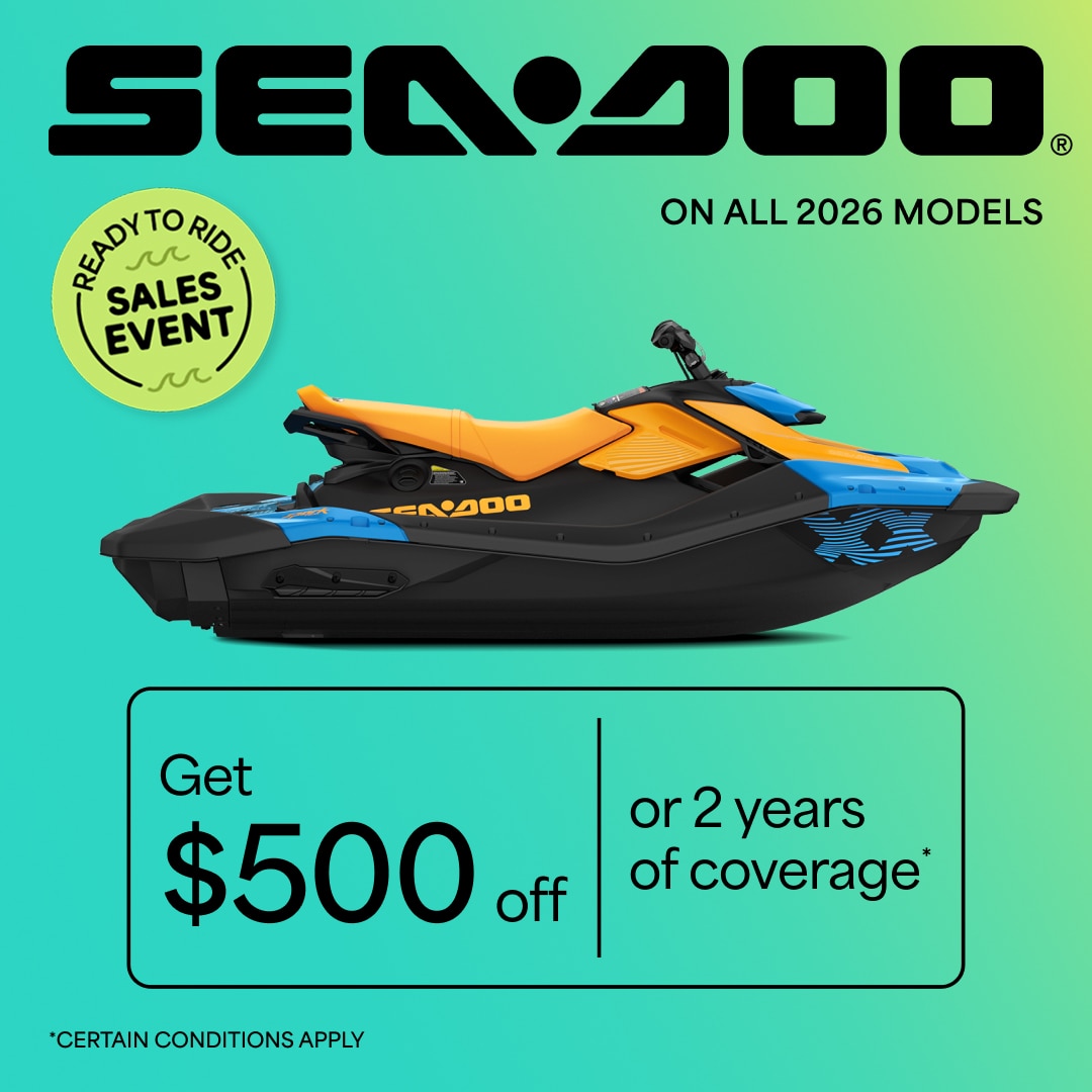 Get up to $500 off or 2 years of coverage on all 2026 Sea-Doo personal watercraft models