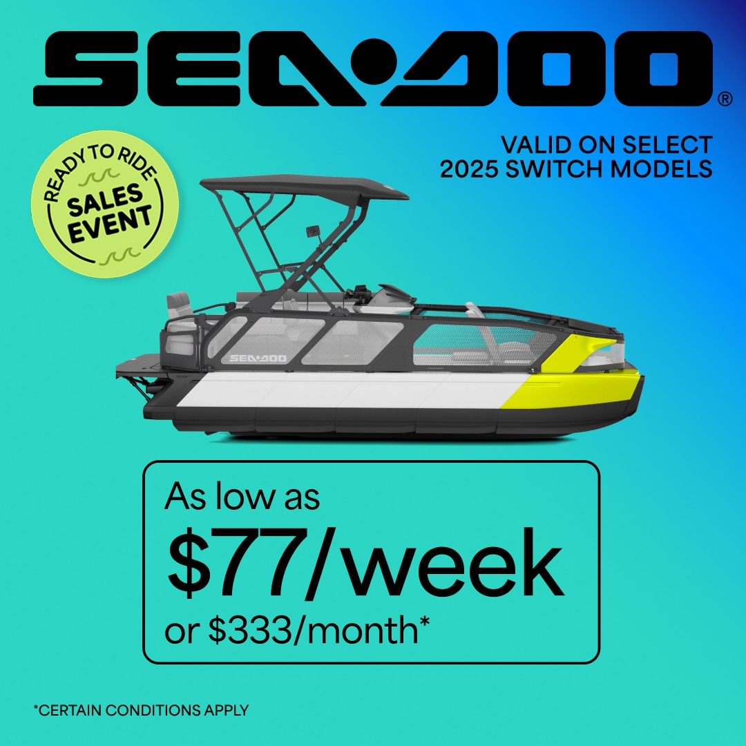 As low as $77/week or $333/month, valid on select 2025 Switch pontoon models