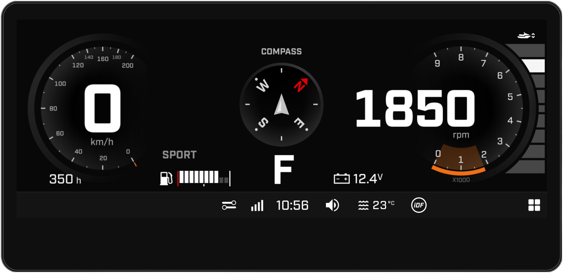Vista completa del indicador en la pantalla de 10,25 pulgadas de la moto acuática Sea-Doo.