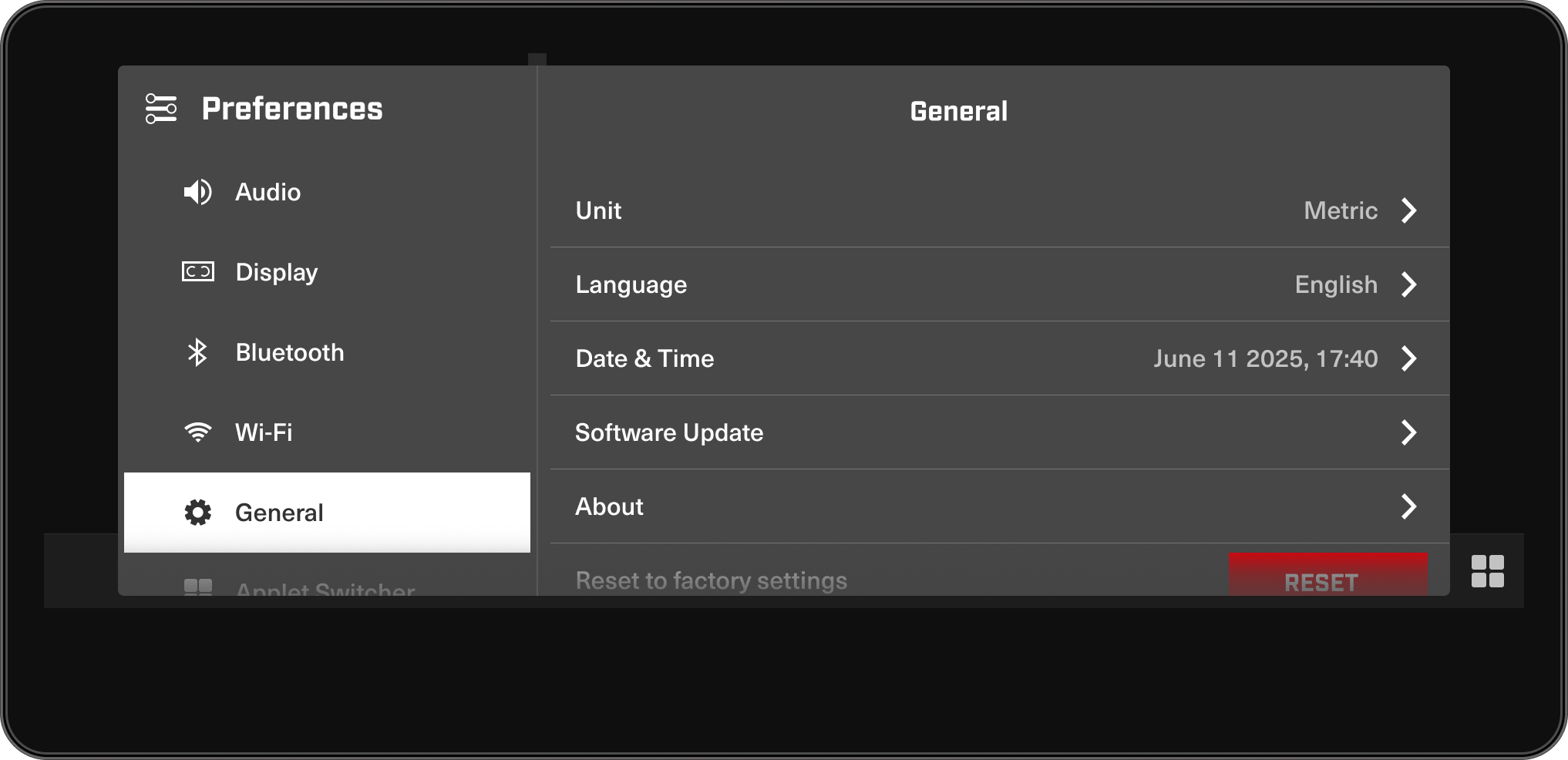 Aplicación de preferencias en la pantalla de 10,25 pulgadas de la moto acuática Sea-Doo.