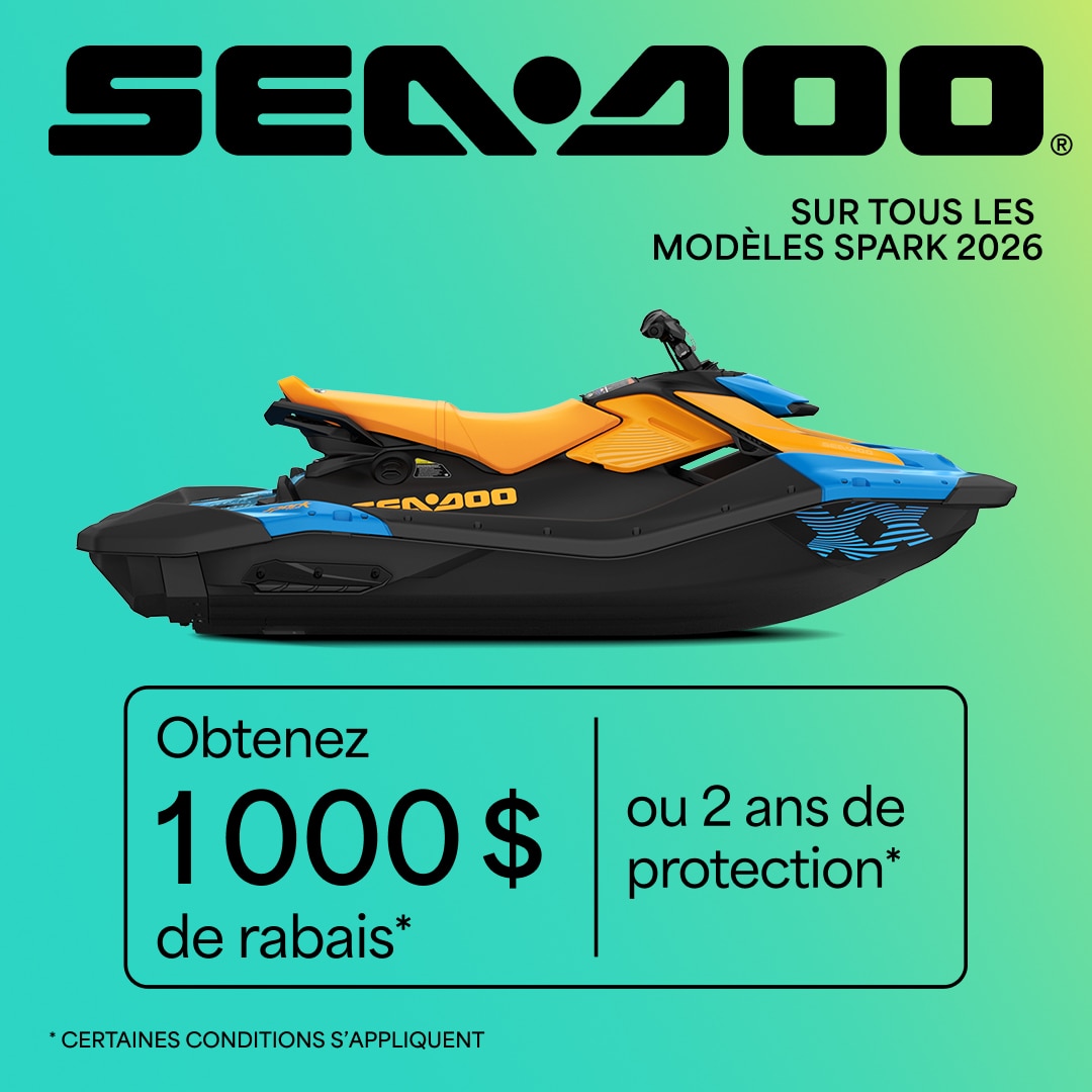 Obtenez jusqu'à 1000$ de rabais ou 2 ans de protection sur les modèles de motomarine Sea-Doo 2026 sélectionnés