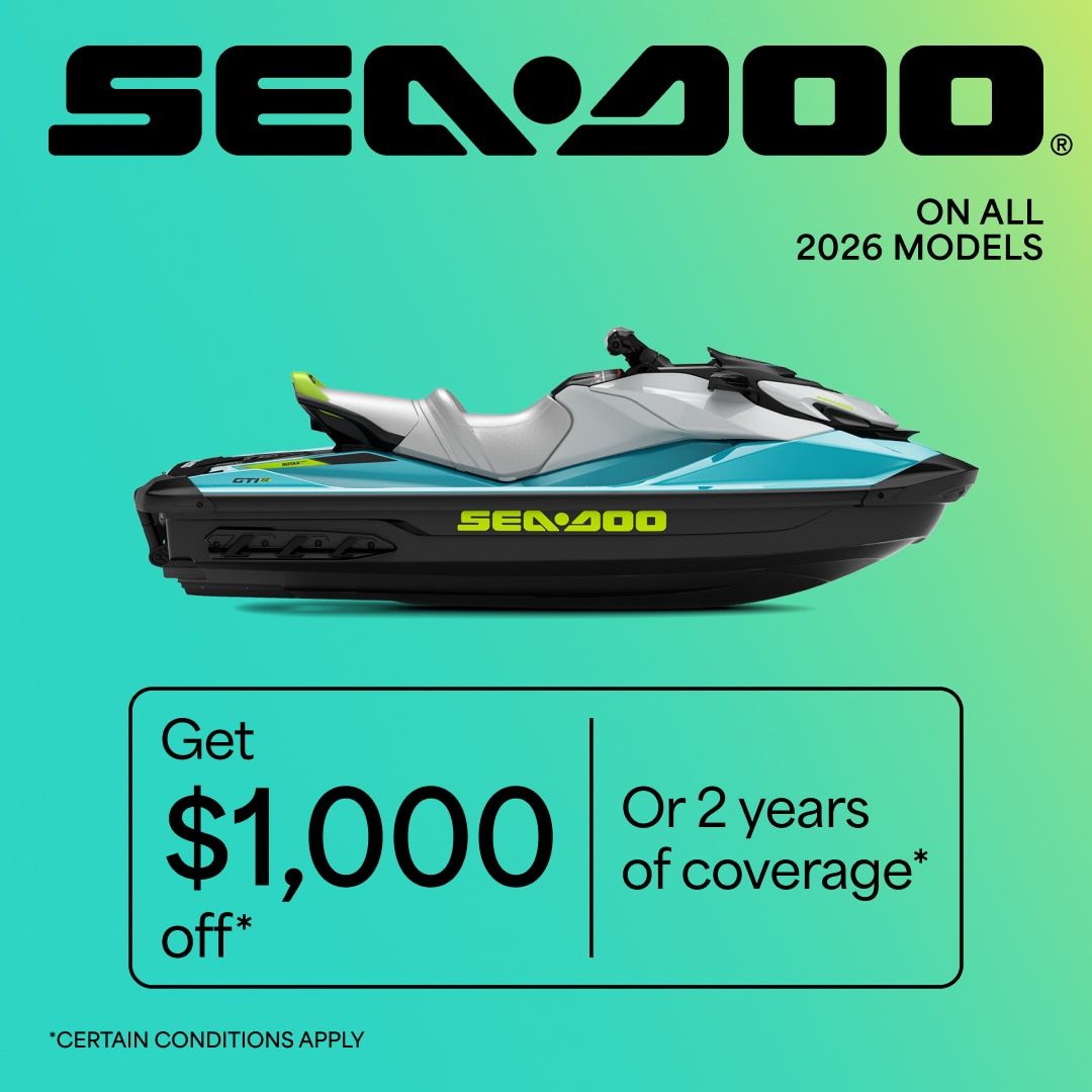 Get $1000 off or 2 years of coverage on all 2026 Sea-Doo personal watercraft