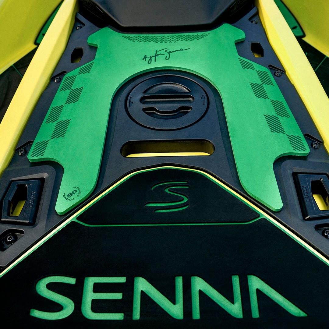 The rear deck of the 2027 Sea-Doo RXP-X Senna 350 with Aryton Senna's signature.