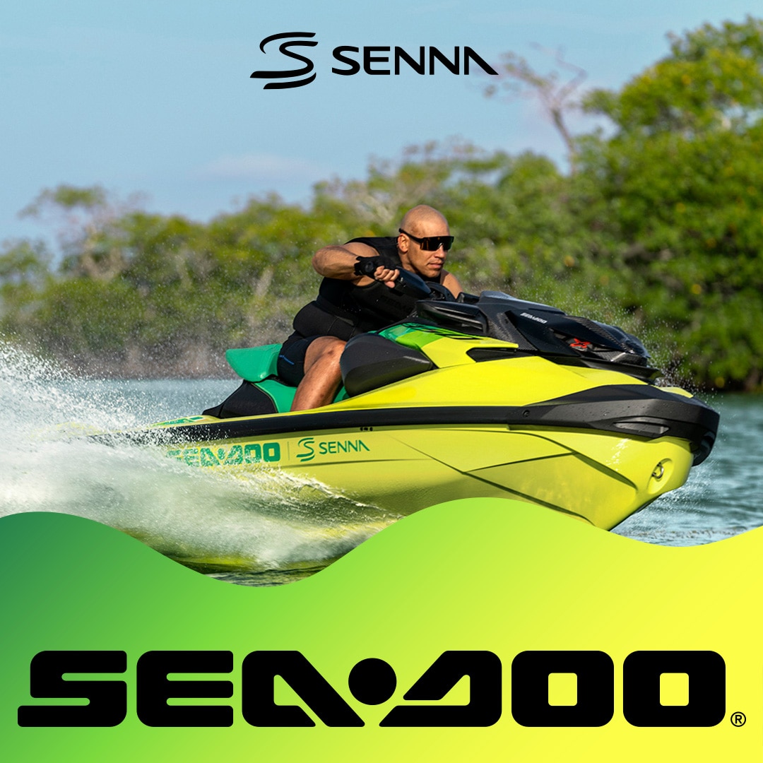 A man riding a 2027 Sea-Doo RXP-X Senna 350 PWC