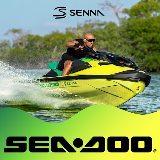 A man speeding along thanks to the new Rotax engine available on the 2027 Sea-Doo RXP-X Senna