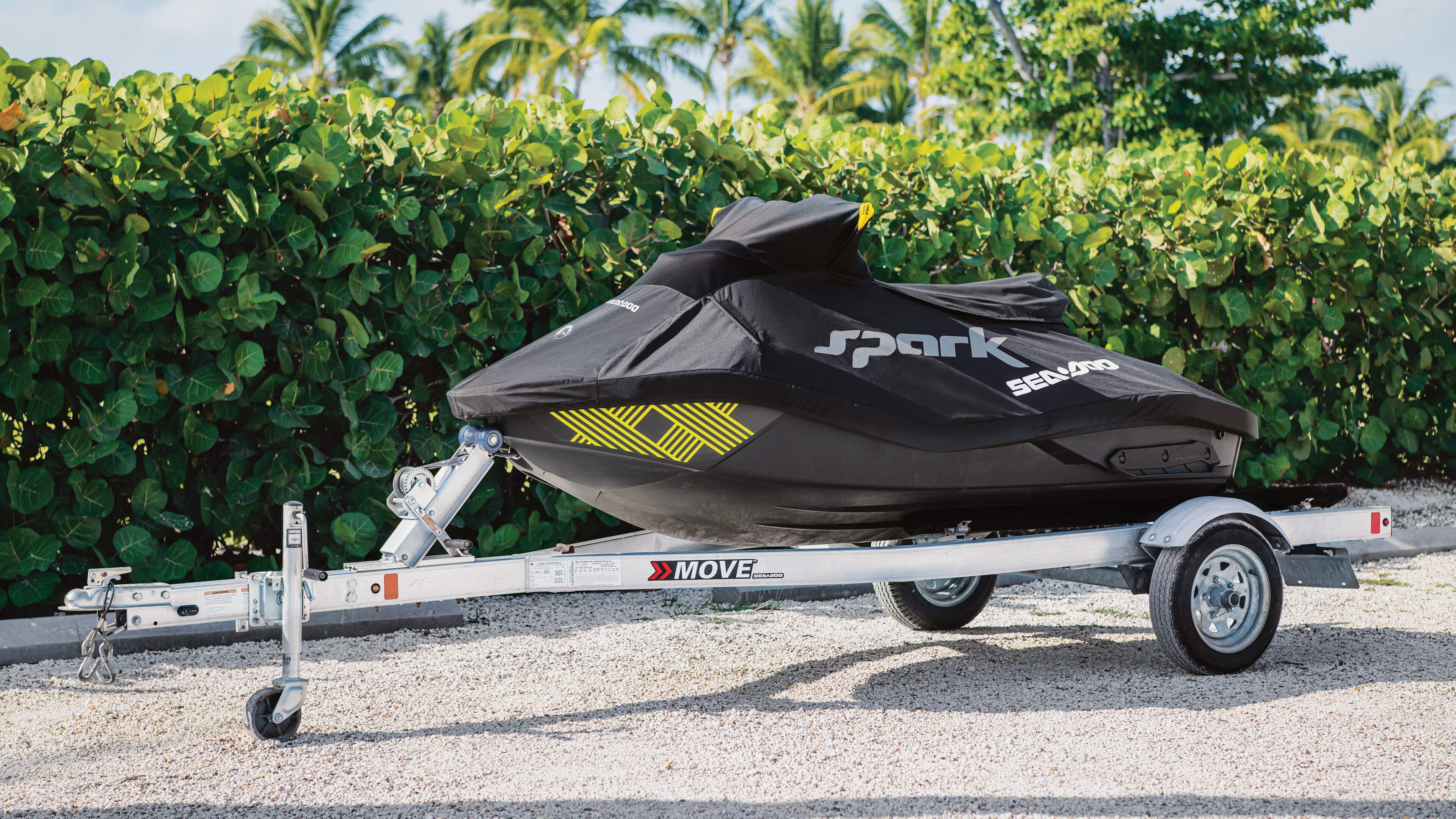 Sea-Doo Spark under a cover and on a trailer