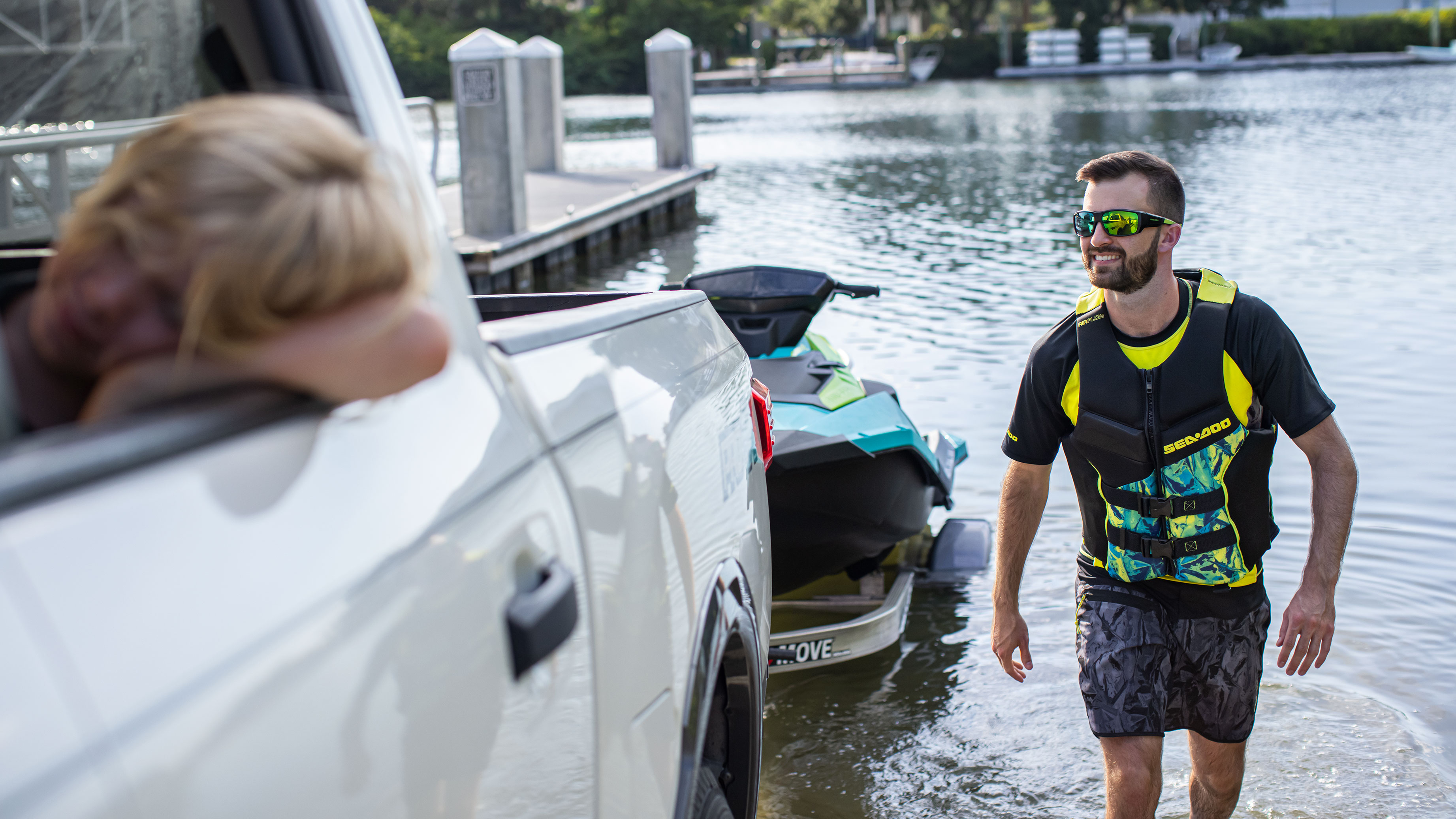 Man loading his Sea-Doo at the boat ramp after a ride