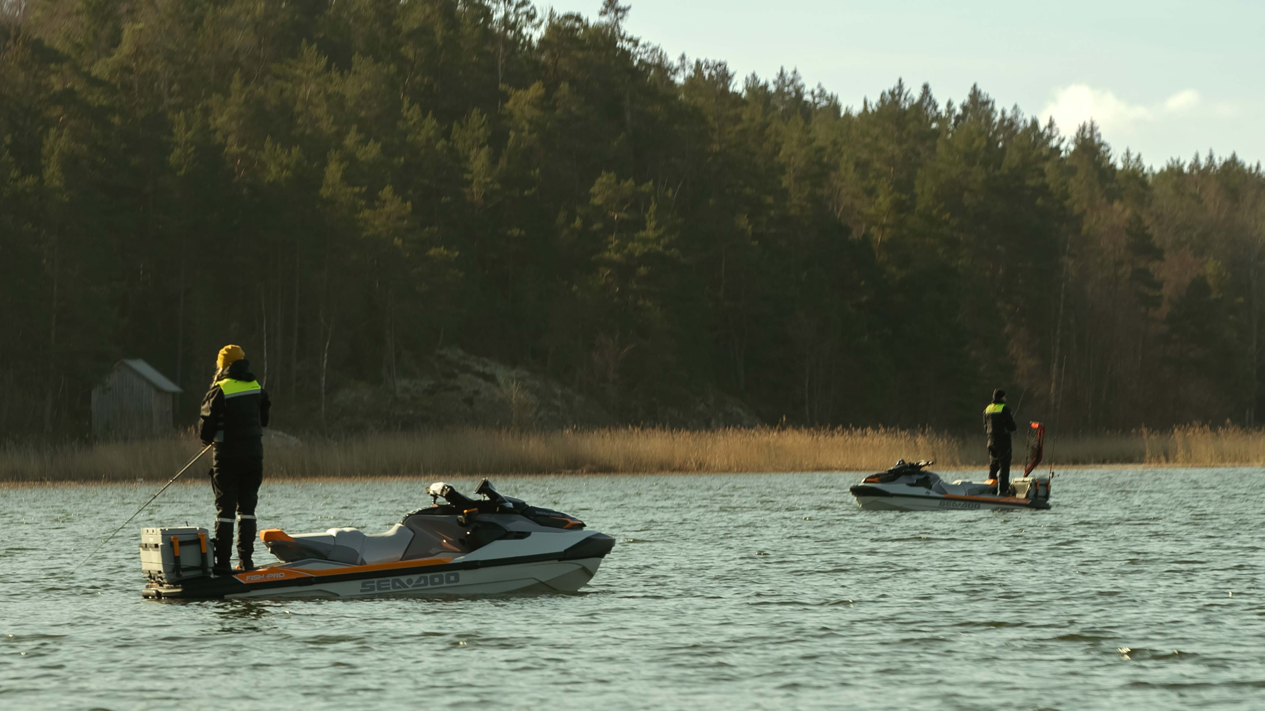 Matilda and her boyfriend fishing from their Sea-Doo FishPo Trophy in Lake Vänern, Sweden