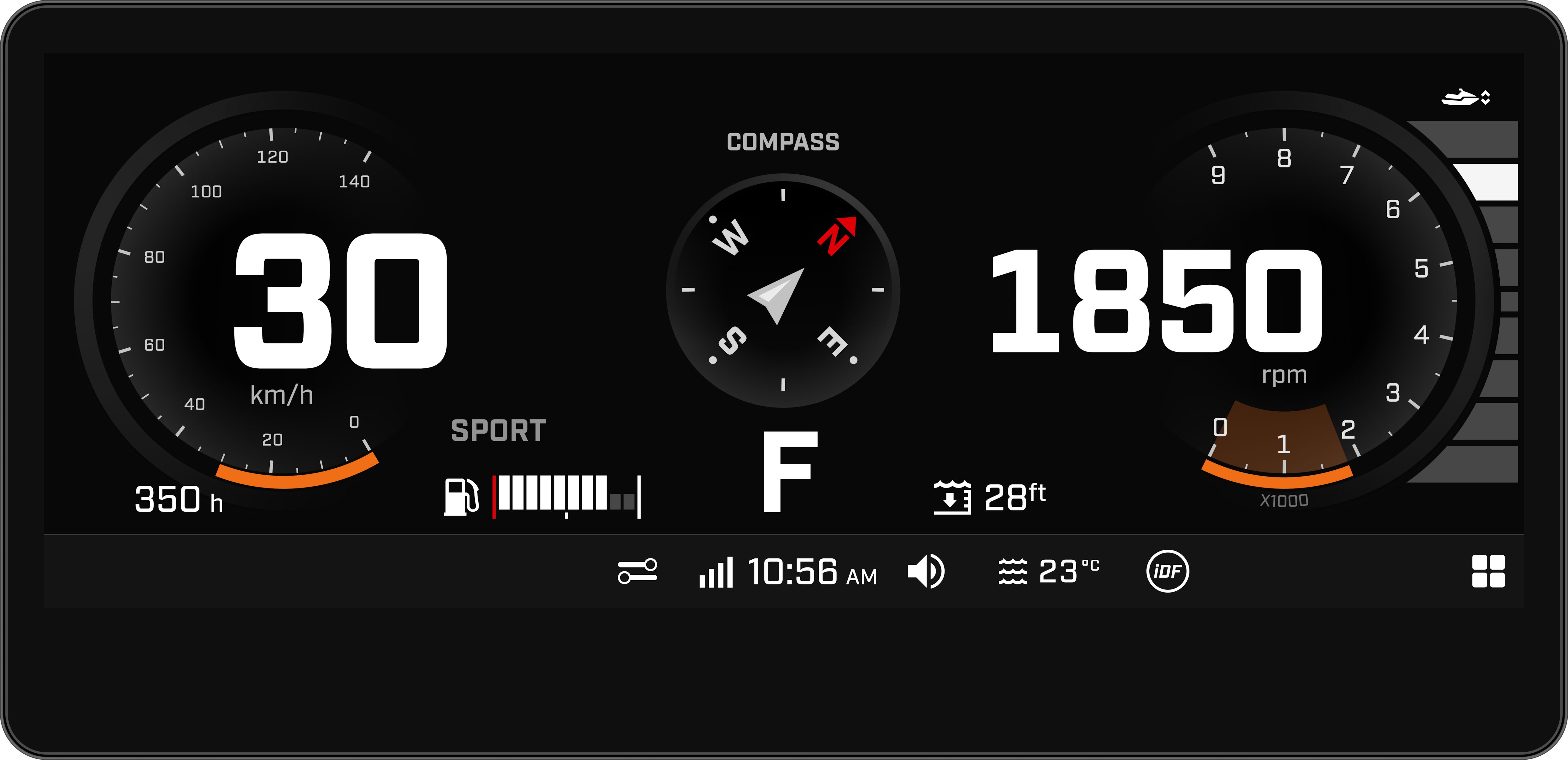 Full gauge view in Sea-Doo's PWC 10.25" display