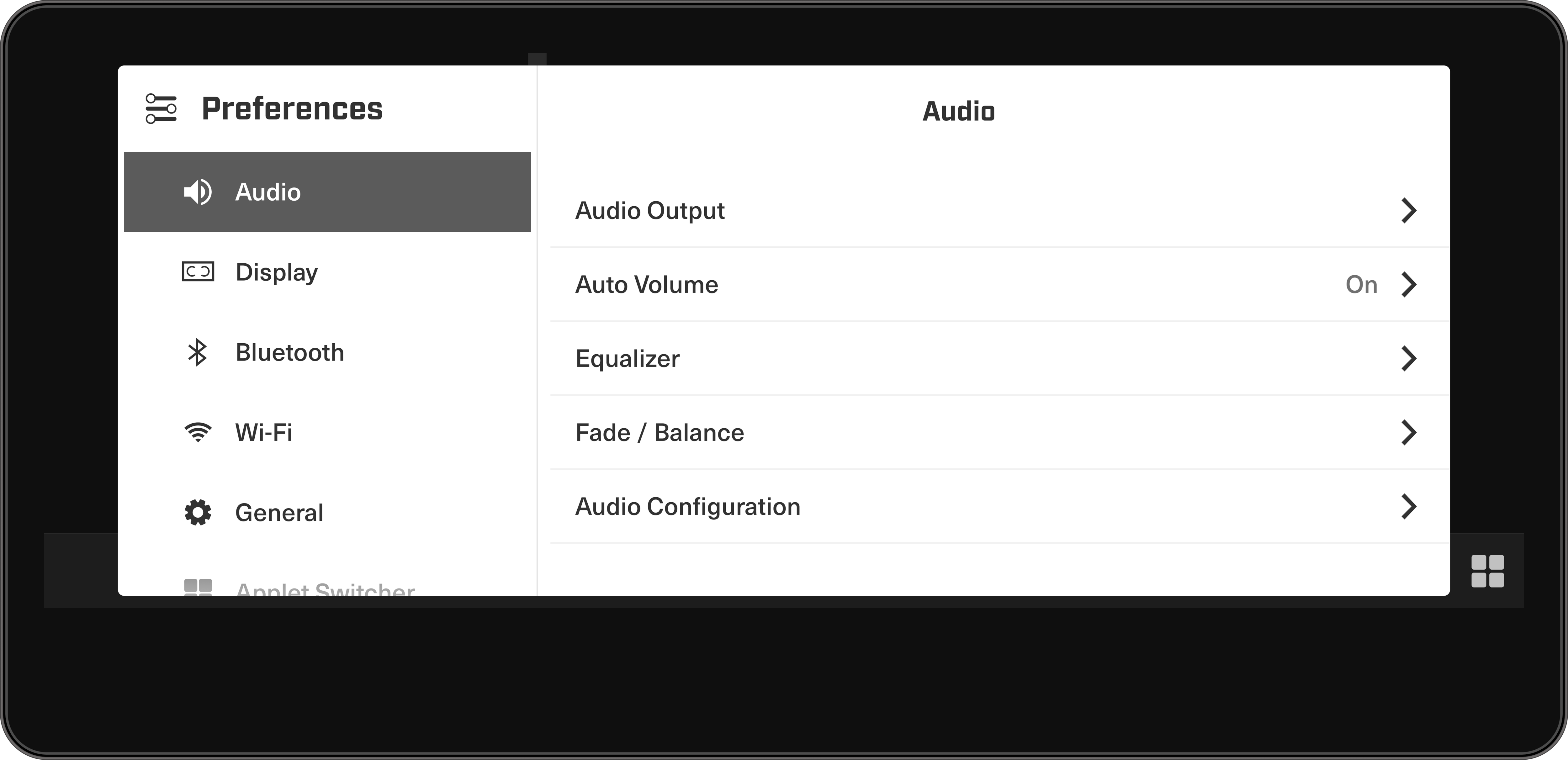 Preferences applet in Sea-Doo's PWC 10.25" display