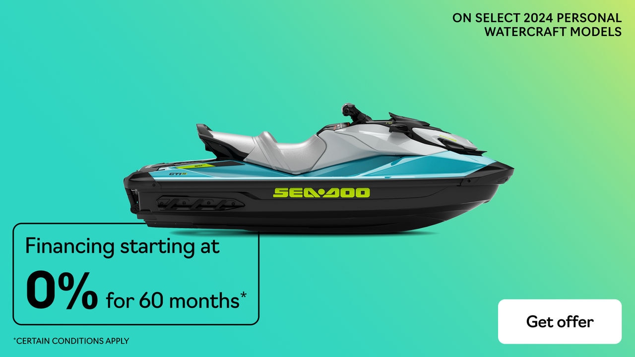 A Sea-Doo PWC at the center of promotional texts : Financing starting at 0% for 60 months on select 2024 personal watercraft models