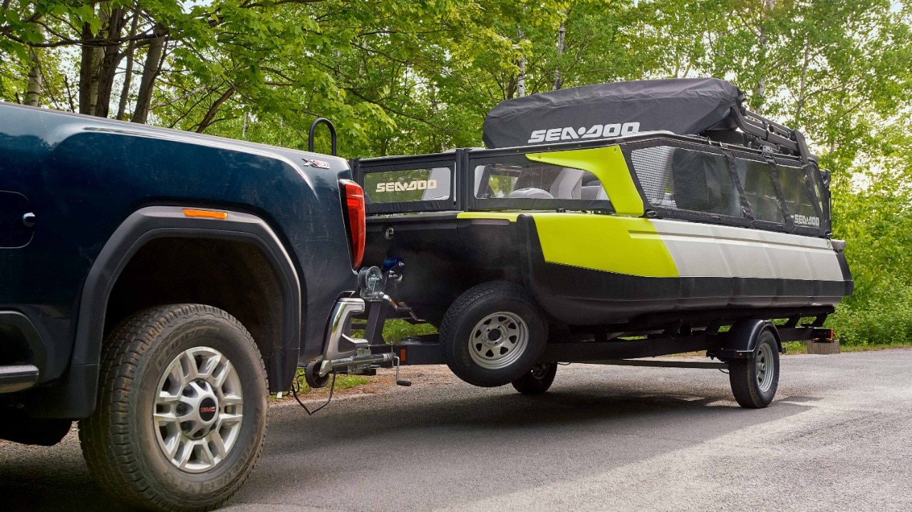 Yellow Sea-Doo Switch Pontoon on a trailer